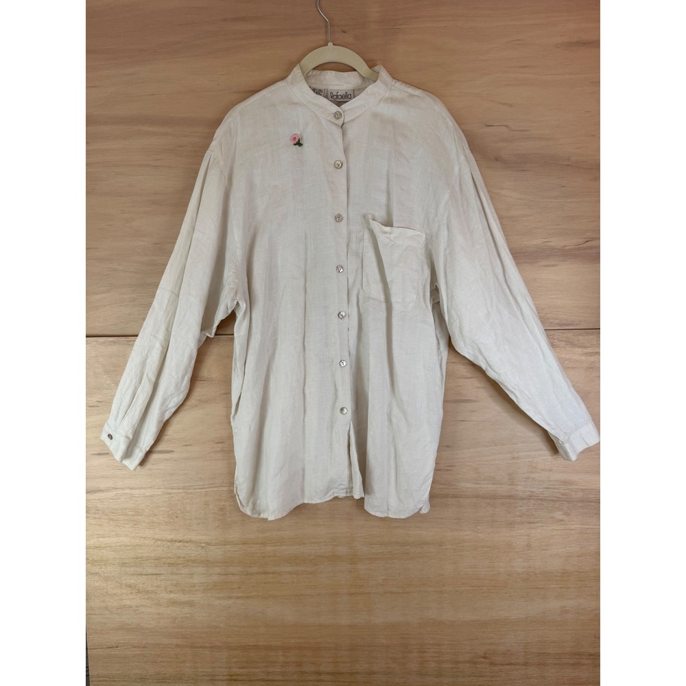 Rafaella Vintage 100% Linen Button Down Shirt Cream Floral Embroidery Large